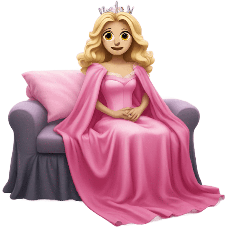 Glinda from wicked in her pink dress is sick coverd by a blanket emoji