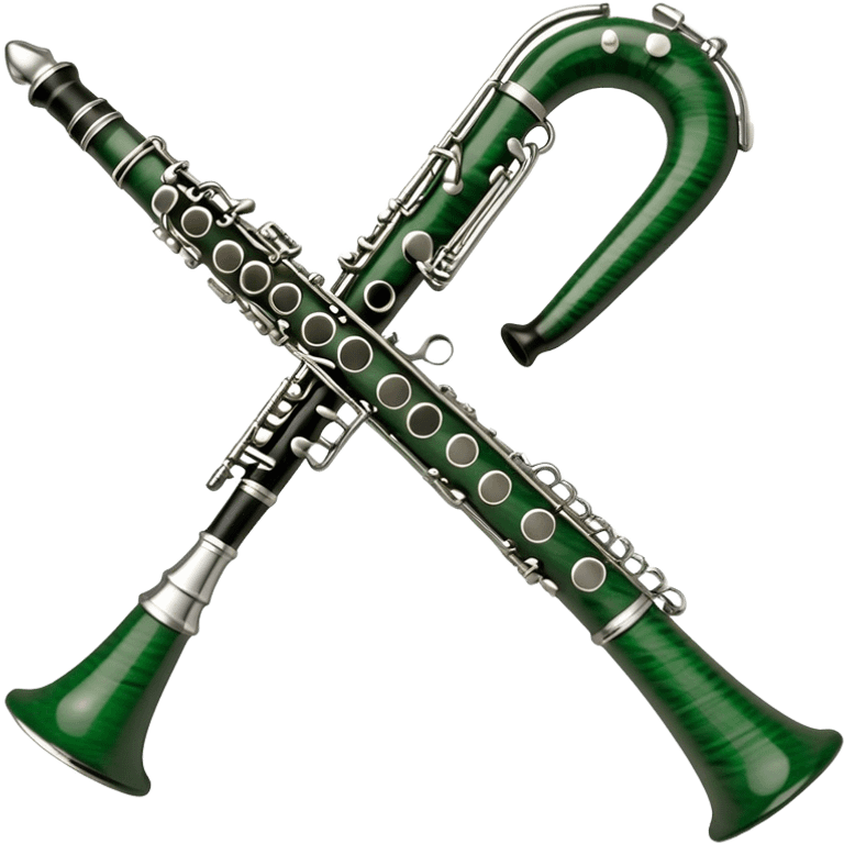 Create an elegant and refined emoji representing the Buffet Crampon Legende Green Line A clarinet. The design should showcase the sleek, dark wood finish of the clarinet with its shiny metal keys and elegant detailing. Include the distinct, high-quality features of the Green Line model, such as the unique greenish tint of the wood, giving it a modern and sophisticated look. Add subtle elements like the mouthpiece with the reed, emphasizing its importance in sound production. Use dark tones like ebony, silver for the keys, and soft light reflections to evoke a professional, classical feel. The background should be transparent. emoji