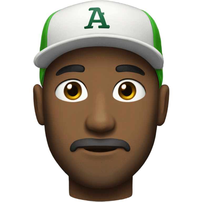 Bald man with beard and green eyes wearing base cup emoji