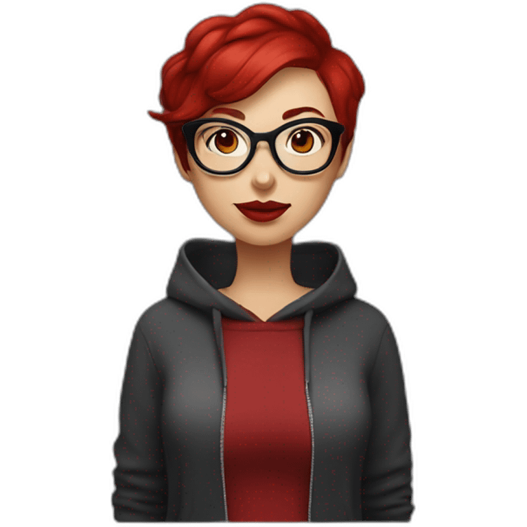 white woman with dark red pixie cut and big red glasses red lips wearing a dark red hoody emoji