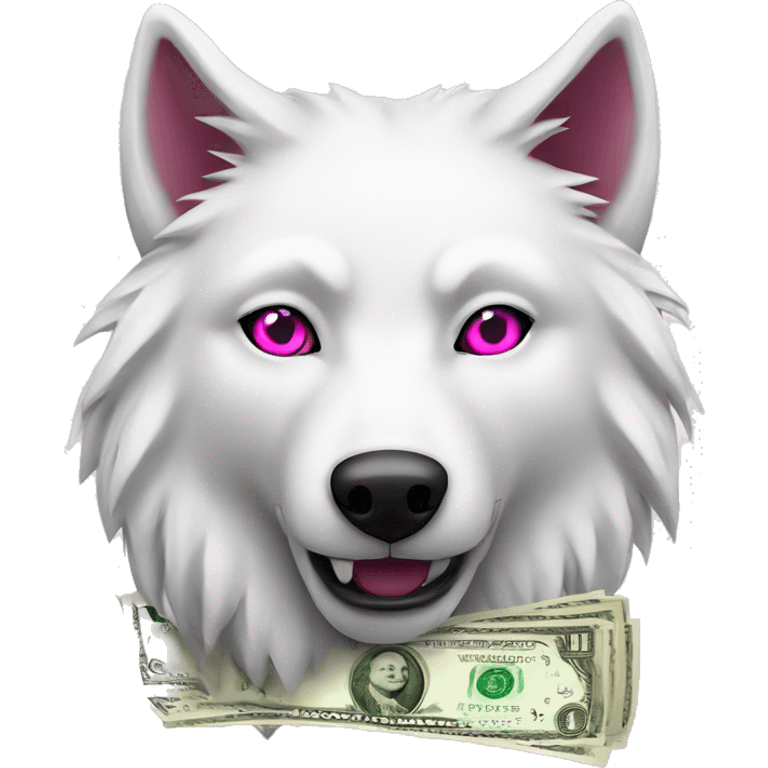 white wolf with dark pink eyes around money emoji