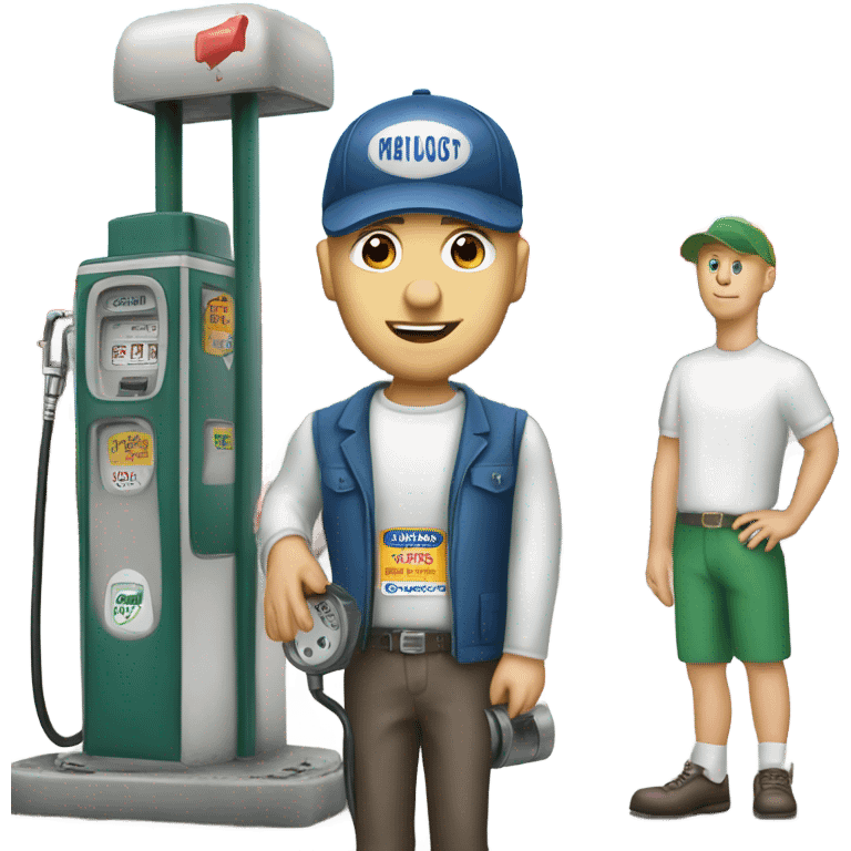 White man with ballcap standing next to vintage gas pump emoji