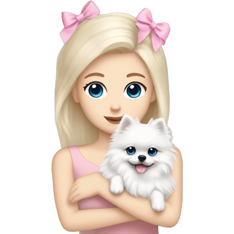 Blond girl white skin blue eyes hugging white Pomeranian with light pink bow emoji