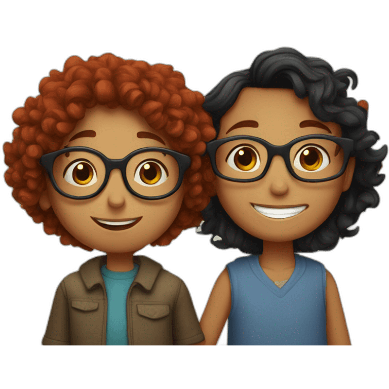 a girl with red curly hair and blue glasses hugging her black-haired son emoji