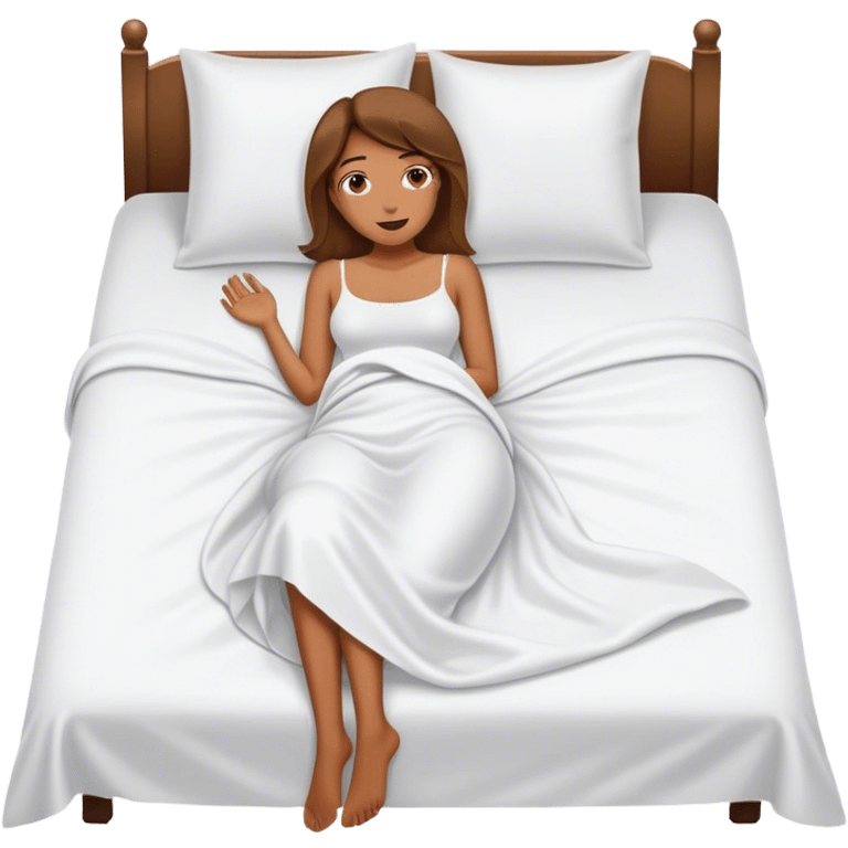 Woman laying on bed with white covers over body legs out emoji