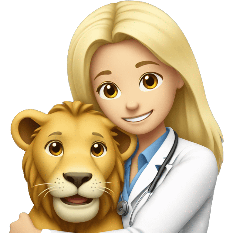 blonde hair smiling veterinarian girl having cuddles with lion emoji