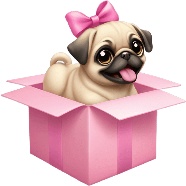 Baby pug with big pink
eyes wearing a pink bow above 1 ear sitting in a gift box  laughing  emoji