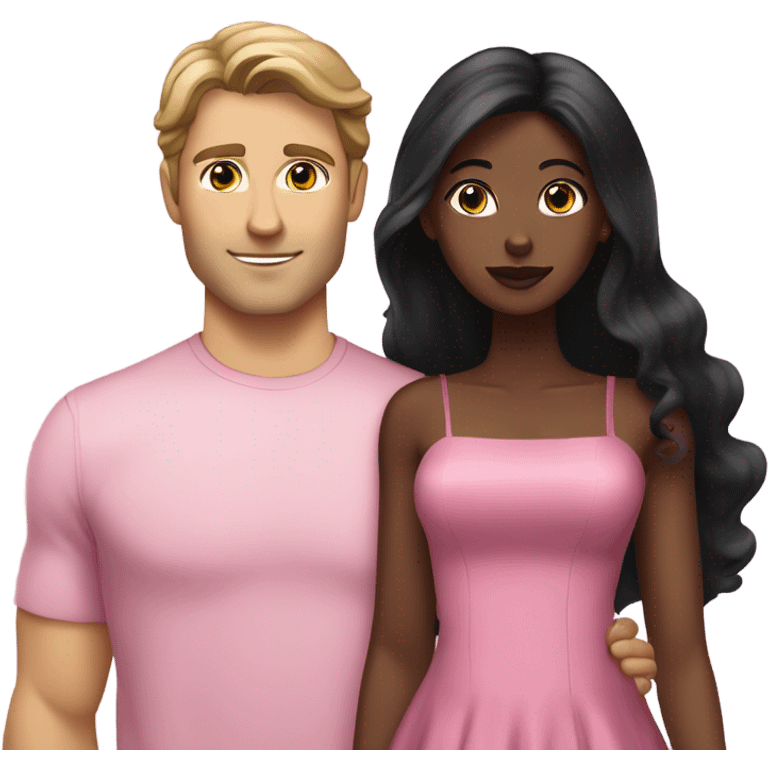 A handsome white man who has long brown hair and tanned skin with a pretty black woman who has long black hair and she is wearing a pink dress and they are a couple emoji