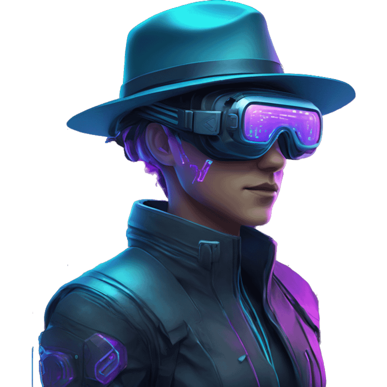 Secret human agent in a hat with  cyberpunk elements in VR googles scanning looking reviewing multicolor lines of code, cyan and purple colors, only upper body portrait emoji