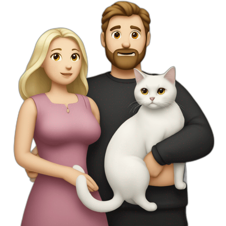 Family photo a fat husband with a beard is holding a white cat and wife with straight hair is holding a black cat emoji