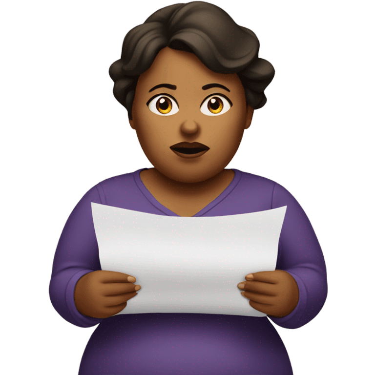 overweight woman with doubts reading a paper in their hands emoji