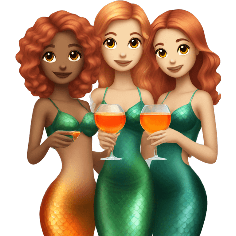 Three beautiful mermaids (light skin) drinking aperol emoji