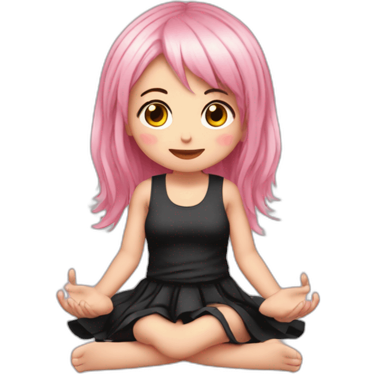 Full body Front view curvy emo girl pink hair sits on the floor straight view hands up black skirt белые трусики полосатые рваные чулки emoji