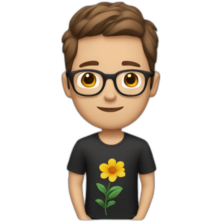 white guy short brown hair wearing glasses and dark t-shirt with flowers print emoji