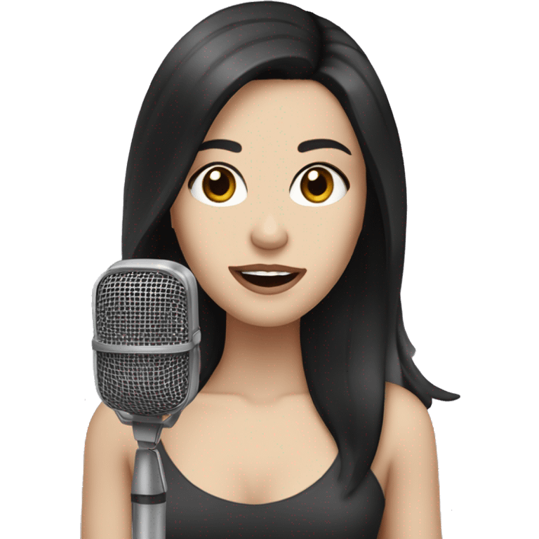 a woman with long black-brown hair, hazel eyes, pale skin, singing into a microphone emoji