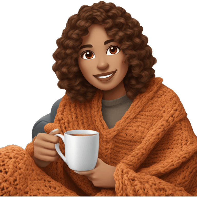 26 year old wonan with brown soft wavy hair and curtain bangs. She is crocheting a garment.  She is sitting on the sofa with a crochet blanket that is in the color of cinnamon on herself. Near her there is a cup of tea. It’s Christmas time emoji