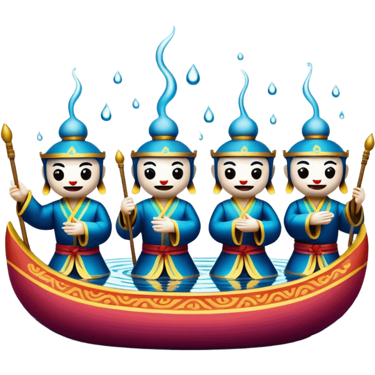 Cinematic Realistic Water Puppetry Emoji, depicted as a whimsical scene of traditional water puppets performing on a reflective water stage, rendered with vivid textures and dynamic playful lighting that captures its enchanting charm. emoji