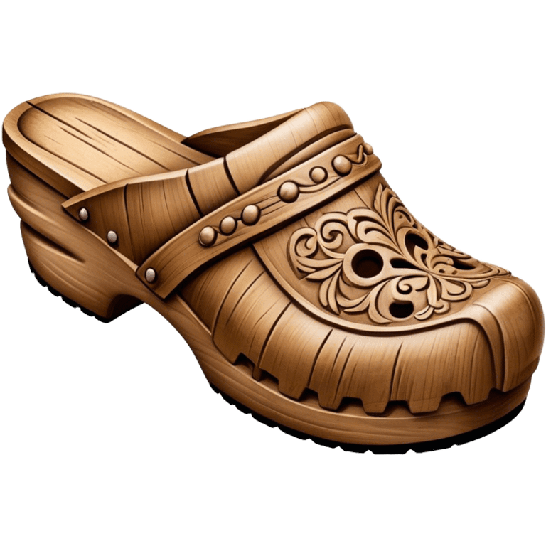 Cinematic Realistic Wooden Clogs Emoji, depicted as a pair of traditionally carved weathered wooden clogs with intricate details and rustic charm, rendered with rich textures and warm natural lighting that captures their cultural heritage. emoji