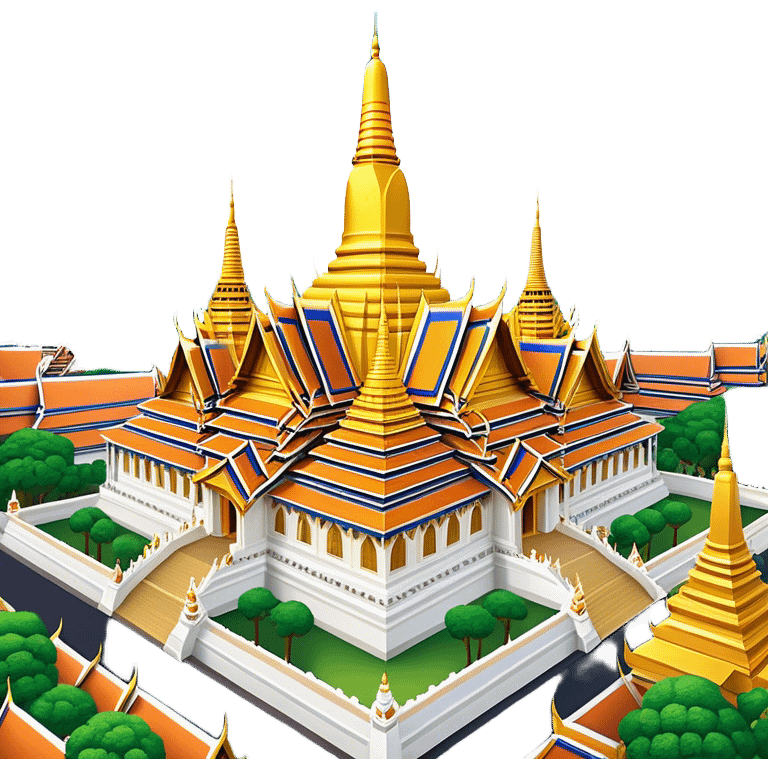 Cinematic Realistic Grand Palace Bangkok Landmark Emoji, showcasing the opulent golden spires, intricate Thai architecture, and the Emerald Buddha Temple set within a vibrant, manicured courtyard. emoji