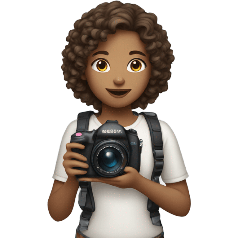 Girl with medium skin tone and brown curly hair holding a digital camera and blushing emoji