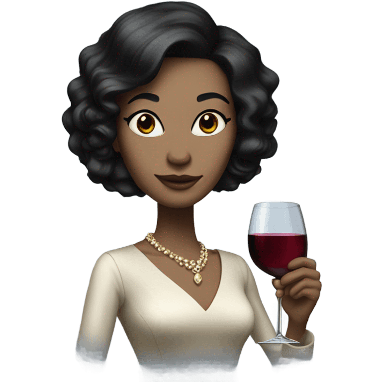 Rich woman jet black hair pale skin holding wine glass  emoji