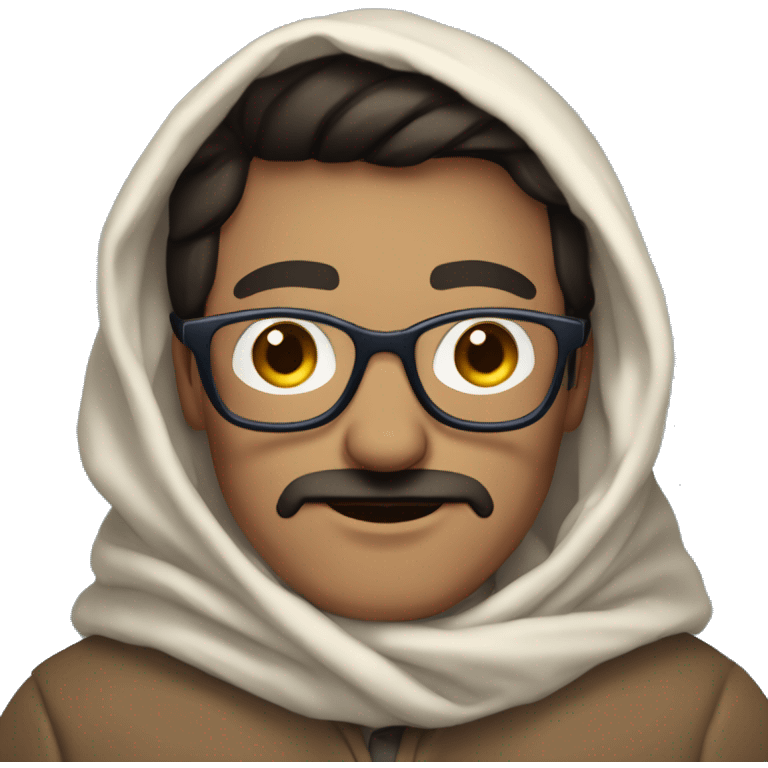 Pale Guy, dark brown narrow hair, moustache and soul patch under mouth, blue eyes, round glasses, covered in blanket emoji