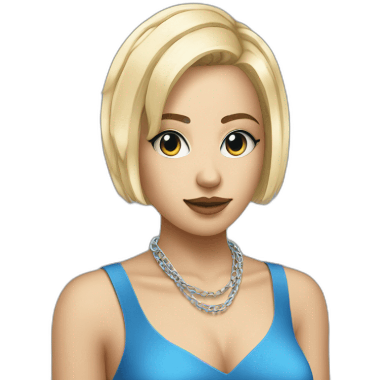 techno music girl with very short blue dress and square blonde haircut and telephone chain emoji