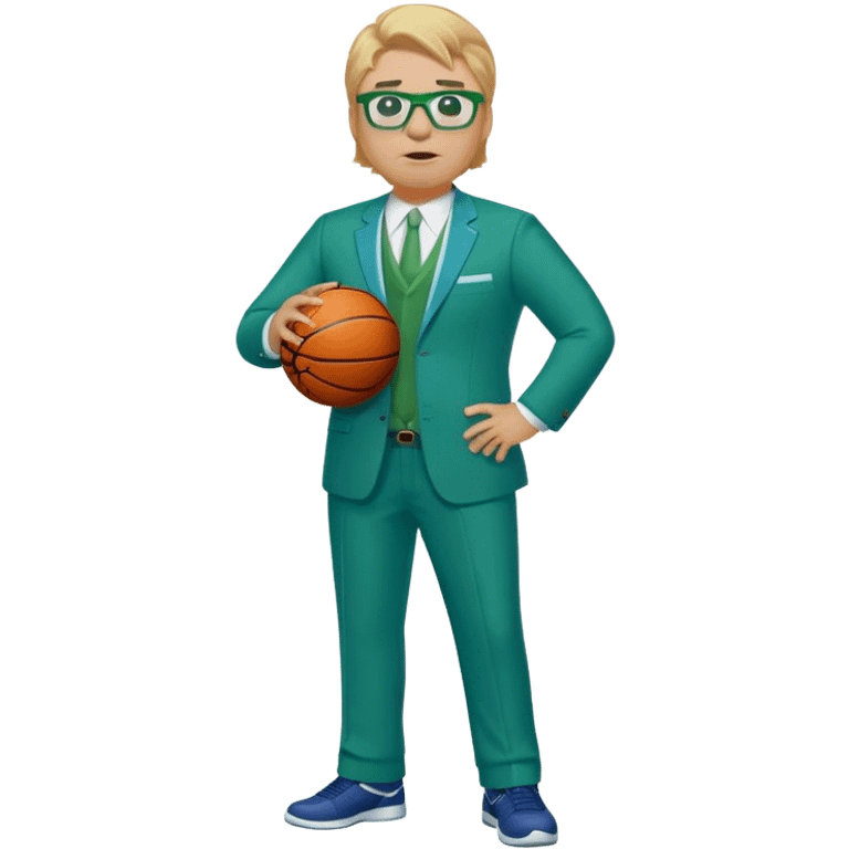 full body plus size male basketball coach with sandy blonde hair and glassed wearing blue and green suit emoji