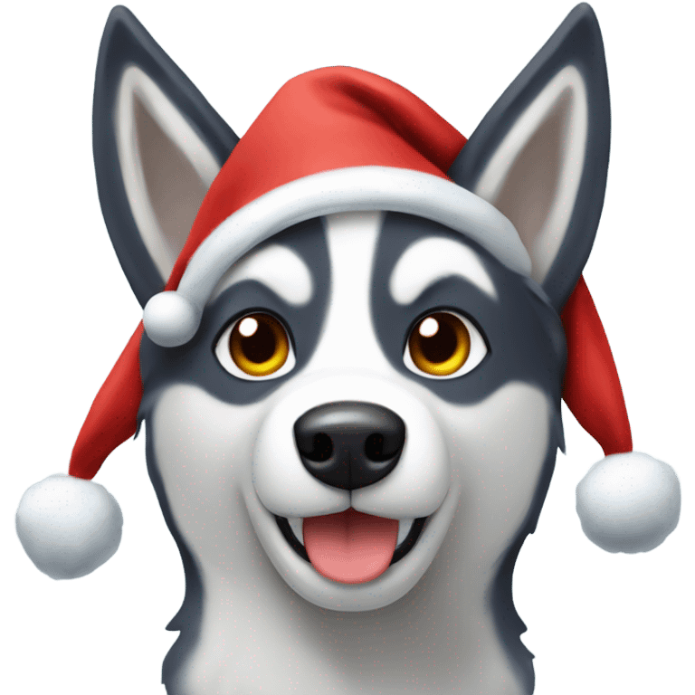 Husky with rain deer horns wearing a santa hat emoji