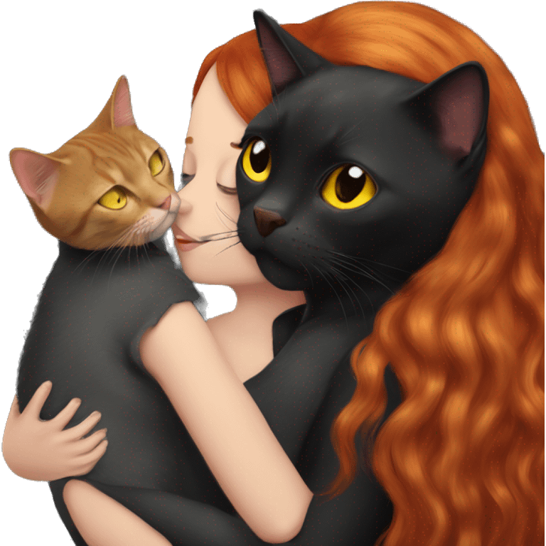 A black British cat with yellow eyes kisses a girl with red hair emoji