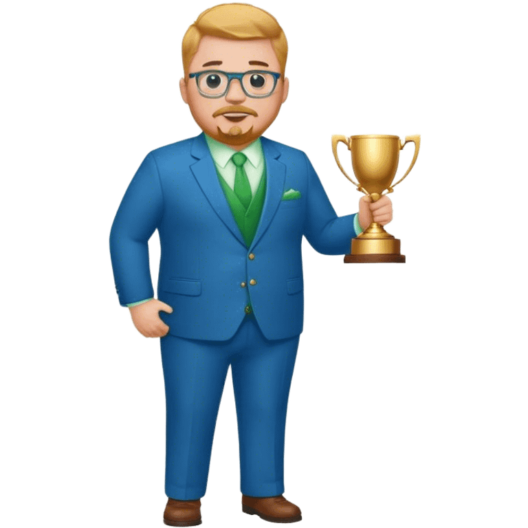 Full Body white fat male  wearing glasses with a goatee with strawberry blond very short hair basketball head Coach in blue and green suit holding trophy emoji