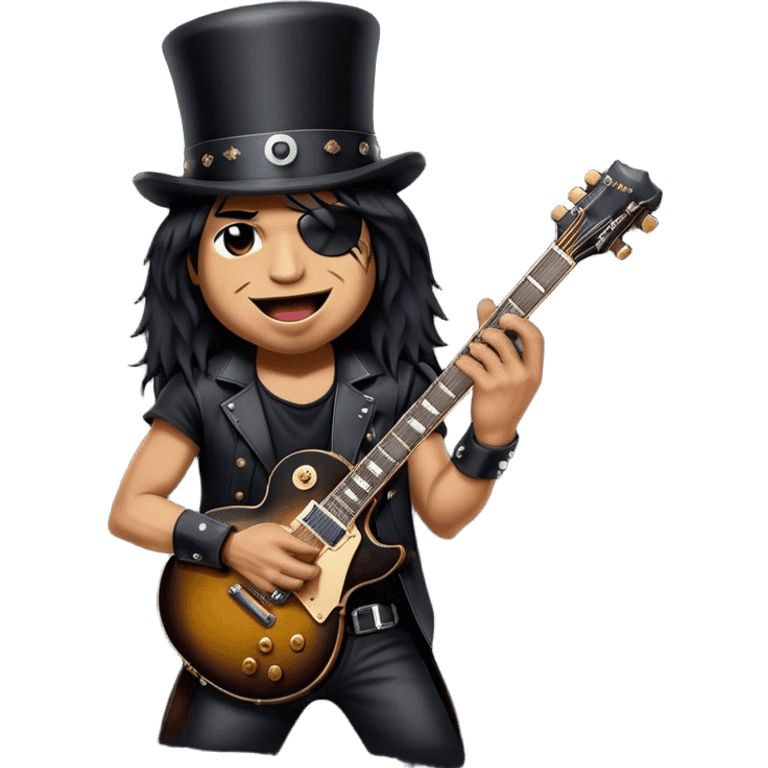 Create a bold and iconic emoji representing Slash with his Gibson guitar. The design should feature Slash wearing his signature black top hat (cylinder) and holding his famous Gibson Les Paul guitar. Make sure to capture his distinctive smudged, smirking expression, with a slightly tanned or smuggled face and large lips. The guitar should be positioned in a rockstar pose, with dark, metallic colors like black and gold to reflect the classic rock aesthetic. The background should be transparent, with a hint of stage lighting to enhance the rock vibe. emoji