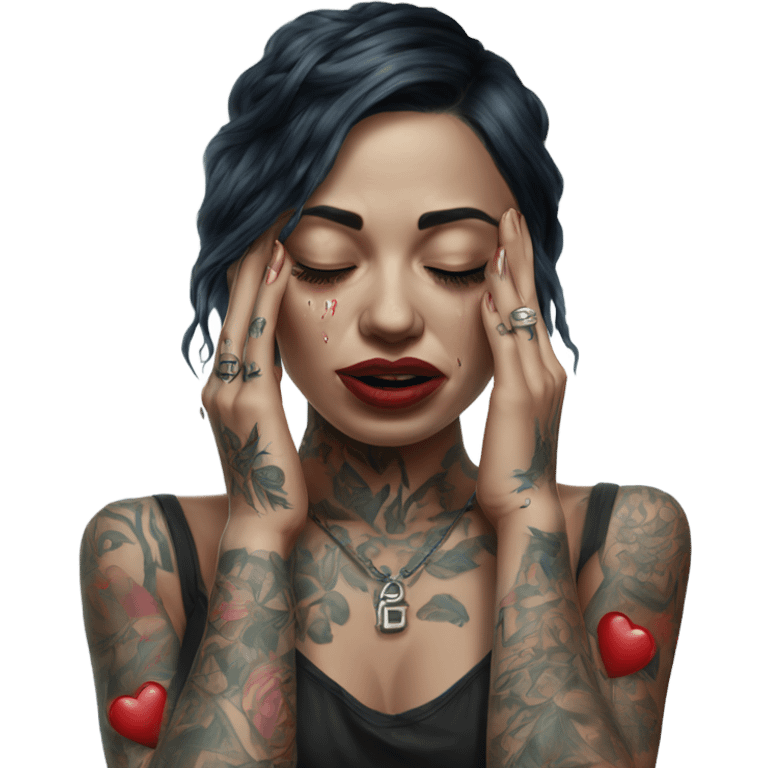 Hyper Realistic Beautiful tattooed woman crying holding a broken heart emoji