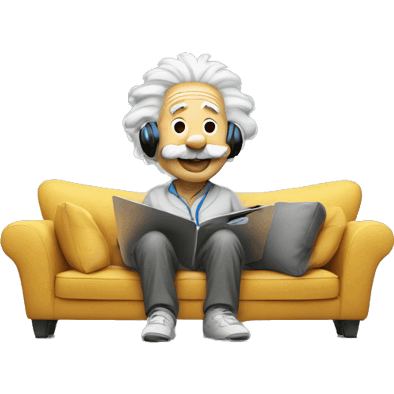 albert einstein happy listening music with wireless headphones while sitting on the couch emoji