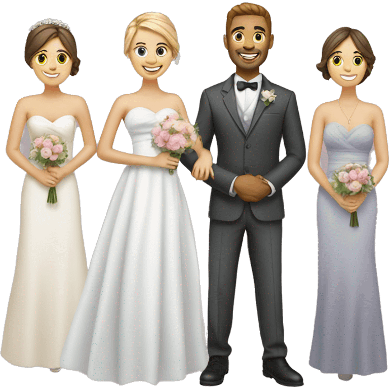 3 bridesmaids, 1 groomsmen with a dress, and a happy couple  emoji