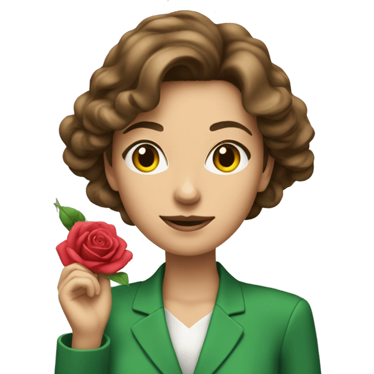 woman brown hair green suit with rose spraying perfume emoji