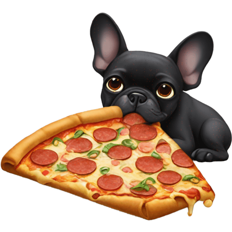 Black French bulldog eating pizza emoji