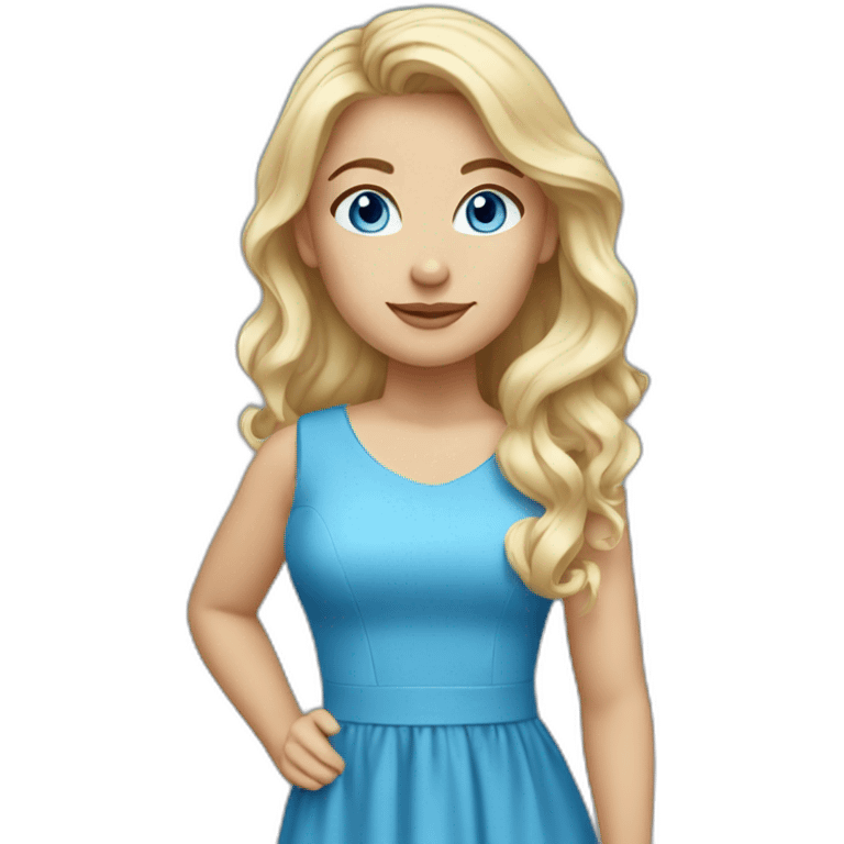 A beautiful blue eyed woman. Her hair is long, blonde, and wavy. She is wearing a blue dress. emoji