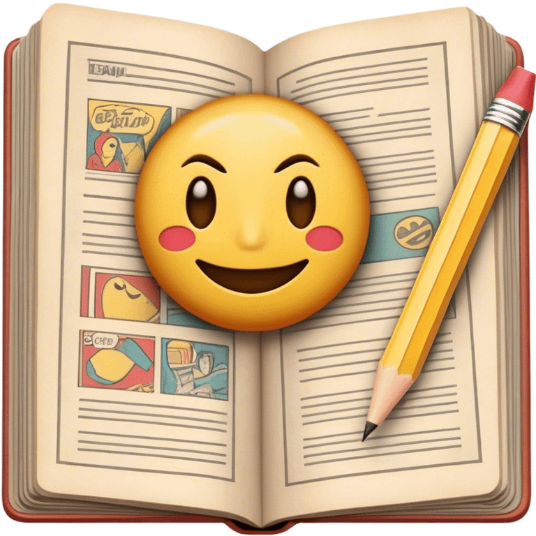 Create a detailed emoji representing the process of writing texts for comic books. The design should feature a large, open comic book with vintage comic strips visible on its pages. A pencil should be shown writing text on one of the comic panels, but without a hand. The pencil should appear as though it is actively creating the dialogue or narration. Use a classic color palette with muted tones for the comic book and brighter accents on the pencil to draw attention to the writing process. Do not include any emojis or smiley faces. Make the background transparent. emoji