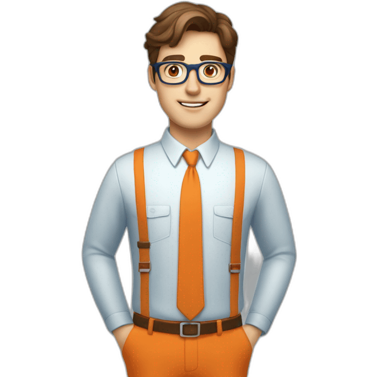 a brown-haired guy with square glasses, in an orange repairman's suit, blue eyes, emoji