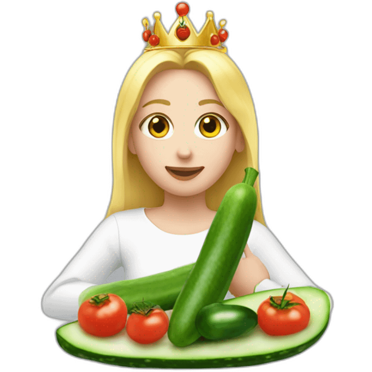 blonde girl  eating  cucumber and tomatoes with white hoodie iridescent and a crown princess emoji