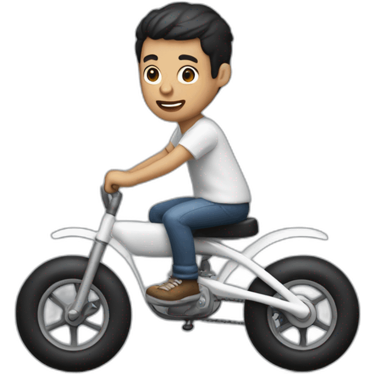 white skin men with short black hair riding a funny and miniature toy bike emoji