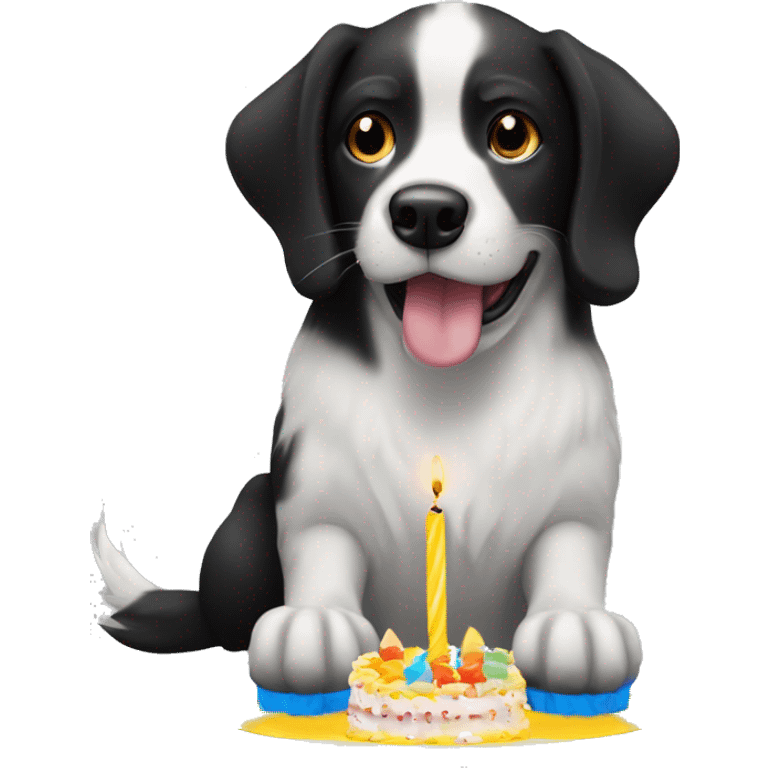 black and white dog blowing birthday candles emoji