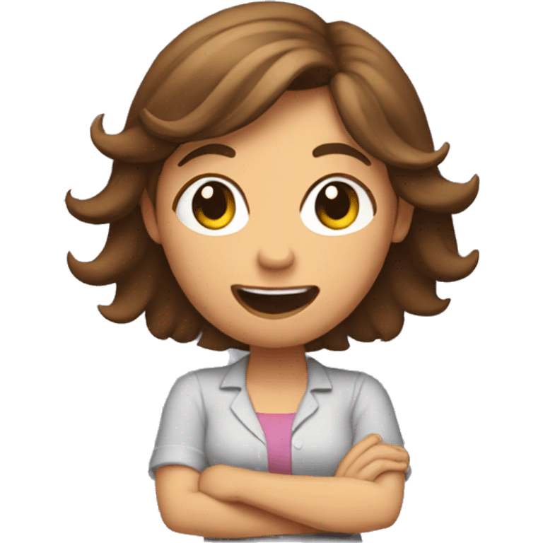 Female with brown hair shrugging with her arms up while laughing  emoji