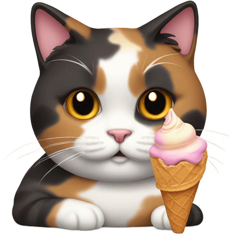 Fat aloof calico cat eating ice cream cone emoji