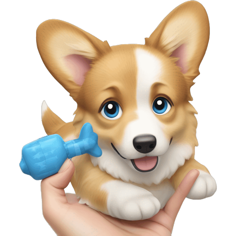 corgi dog with a toy in the hands of a girl with blond long hair and blue eyes emoji