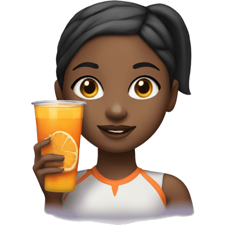 black girl with a high pony tail with straight hair in a high pony tail holding a cup of orange juice and a cookie in the other hand emoji