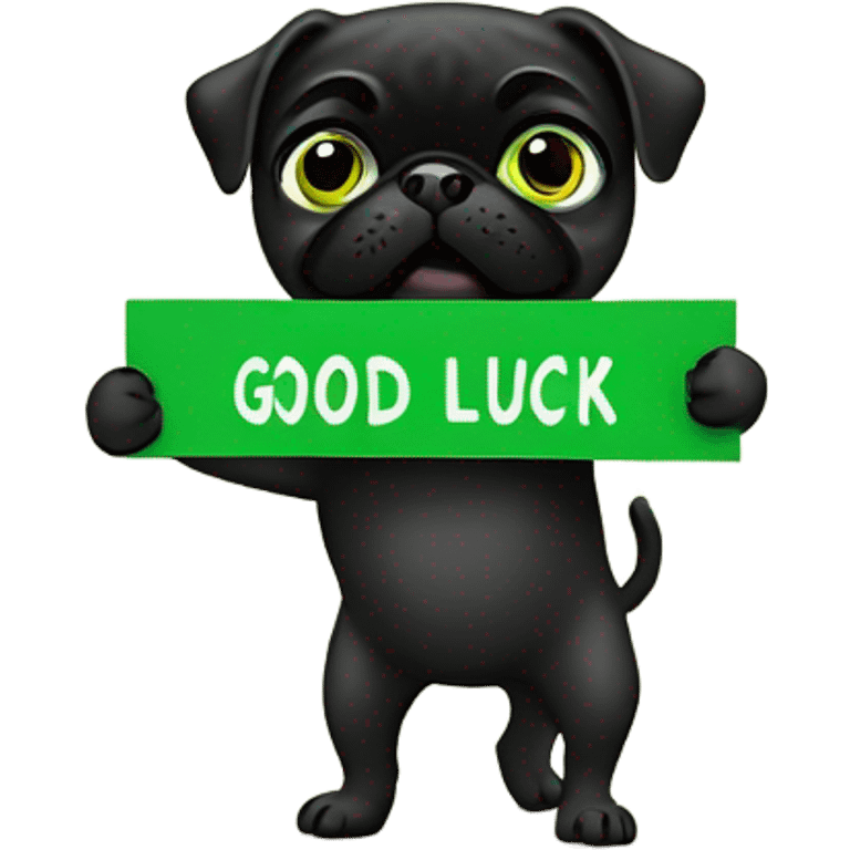 Black pug holding a green sign that says good luck  emoji