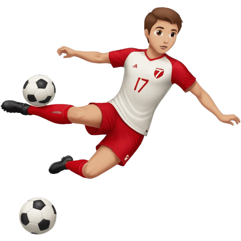 Guy kicking soccer ball with red jersey and wearing number 7 with brown hair emoji