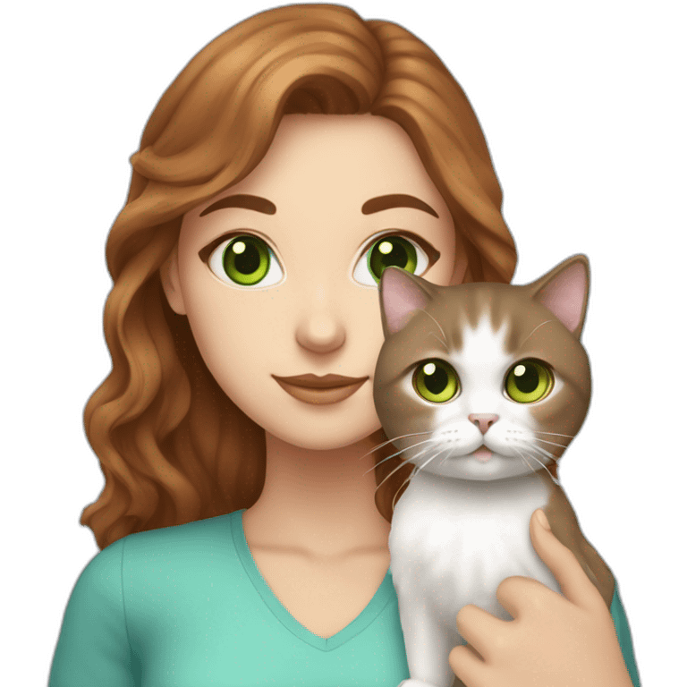 white girl with brown wawy hair and blue eyes, who hold a small persian cat with green eyes emoji